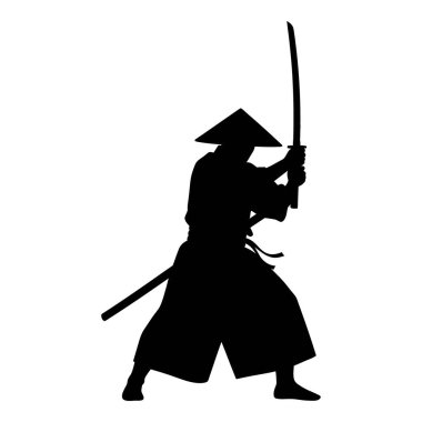 Geleneksel Japon Giysileri içinde Katana tutan bir Savaşçının Silueti