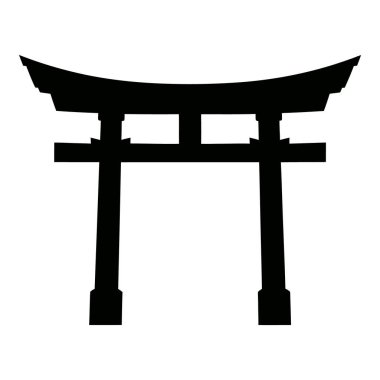 Klasik bir Japon Torii kapısının siyah silueti, kutsal bir yere açılan bir geçit..