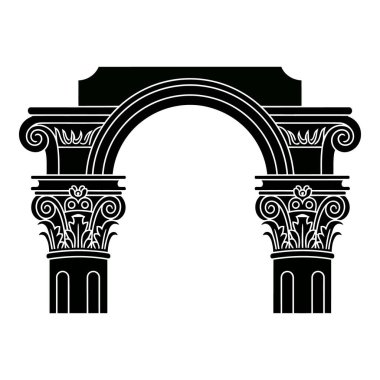 Süslü sütunları olan, klasik mimari tasarımı ve karmaşık detaylarını gösteren bir kemer yolunun ayrıntılı siyah beyaz çizimi.