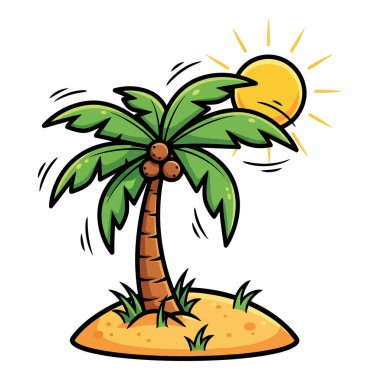 Palmiye ağacı ve güneşi olan tropikal bir adanın karikatür çizimi. Yaz ve seyahat temaları için mükemmel.