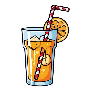 Portakal suyu, buz küpleri, çizgili kamış ve yaz için mükemmel taze portakal dilimli garnitür dolu uzun bir bardağın canlı bir çizgi film çizimi..