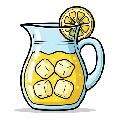 Buz küplü ferahlatıcı bir sürahi limonata ve limon dilimi, sıcak bir yaz günü için mükemmel. Soğuk ve lezzetli bir içecek..