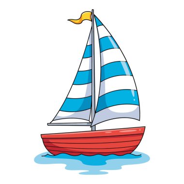 Kırmızı kaplama ve çizgili yelkenli, suda yüzen, çocuk kitapları ya da deniz temaları için mükemmel bir yelkenli çiziminin canlı bir çizimi..