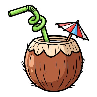 Yeşil kıvırcık kamışlı ve renkli kokteyl şemsiyeli tropikal hindistan cevizi içeceğinin canlı ve eğlenceli bir çizimi, yaz ve tatil havasını çağrıştırıyor..