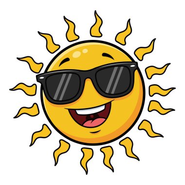 Güneş gözlüğü takan mutlu güneş, yaz titreşimleri, neşeli çizgi film karakteri.