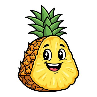 Neşeli ananas yarısının canlı bir çizimi, güler yüzlü ve yeşil yapraklı parlak sarı bir yüzü var..