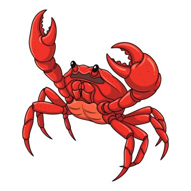 Pençeleri havada, çimdiklenmeye hazır kırmızı bir yengecin karikatür çizimi. Deniz hayatı projeleri için mükemmel..