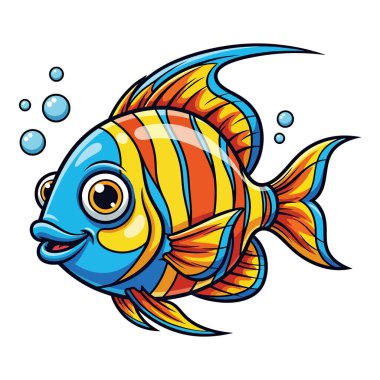 Parlak turuncu, sarı ve mavi çizgili neşeli, renkli bir karikatür balığı, küçük hava kabarcıklarının arasında yüzüyor..
