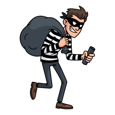 Çizgi film hırsızı elinde bir çuval para ve el feneriyle koşuyor.