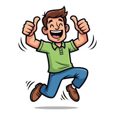 Heyecanlı Adam Başparmaklarıyla zıplıyor Başarı hakkında mutlu ve pozitif hissediyor
