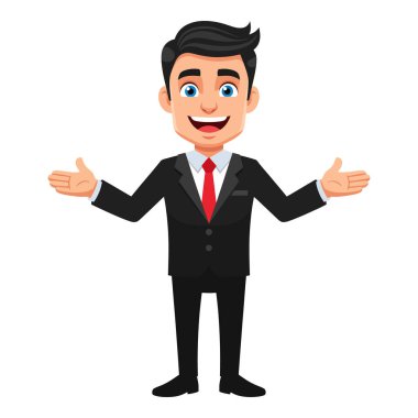 Dost canlısı iş adamı, kolları açık ve kocaman bir gülümsemeyle size hoş geldiniz diyor.