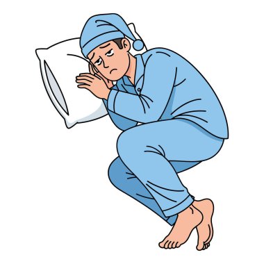 Pijamalı yorgun adam uykusuzluktan muzdarip ve rahat uyuyamıyor.