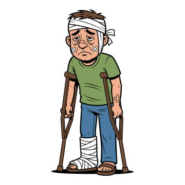 Yaralı Kişi Yardım Aranıyor Koltuk değneği ve bandajlı