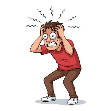 Çizgi film karakteri elleri başının üstünde panikliyor ve ciddi bir stres yaşıyor.