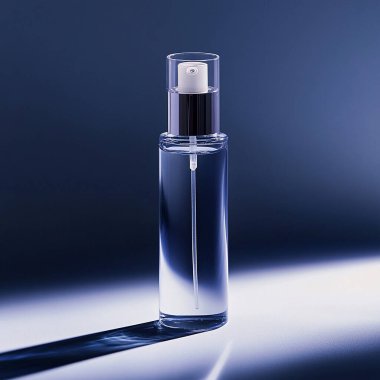 bottle of perfume on a blue background, top view.