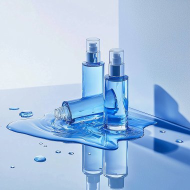 cosmetic product, serum and facial care concept. serum bottle and dropper on blue background