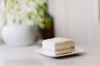 Bir dilim kek beyaz bir tabakta. Pasta ikiye bölünmüş ve arkasında yeşil bir bitki var.