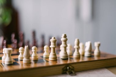 Üzerinde taşlar olan bir satranç tahtası. Tahta siyah beyaz. Parçalar bir oyun oynamaya hazır bir şekilde düzenlenir.