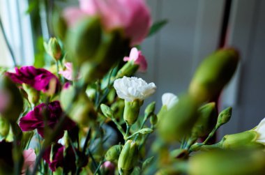 Mor ve pembe çiçekli güzel bir buket çiçek. Pembe çiçekler buketin ana cazibesidir ve güzelliklerini ön plana çıkaracak şekilde düzenlenmişlerdir.