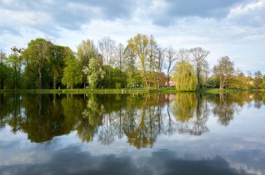 Arka planda ağaçlar ve bulutlu bir gökyüzü olan göl. Göl sakin ve huzurlu, ağaçlar suya yansıyor.