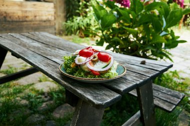 Bahçedeki ahşap piknik masasında bir tabak salata duruyor. Salata domates, soğan ve marulla kaplı. Masa bir saksı ve bir çalı da dahil olmak üzere yeşilliklerle çevrili.