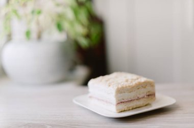 Bir dilim kek beyaz bir tabakta. Pasta ikiye bölünmüş ve arkasında yeşil bir bitki var.