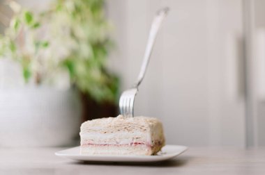 Bir parça pasta yemek için bir çatal kullanılıyor. Pasta tabakta.