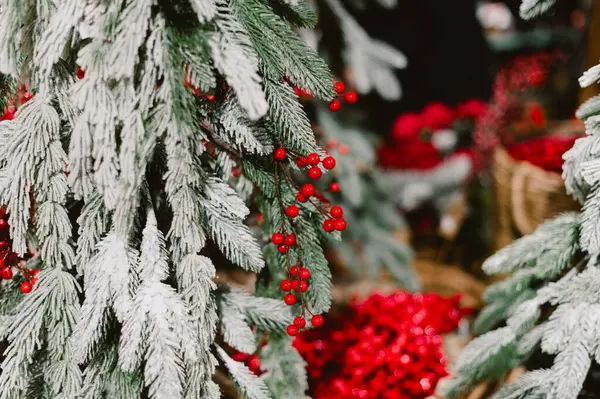 Kırmızı böğürtlen ve beyaz karlı bir ağaç. Ağaç sepetlerle çevrili.