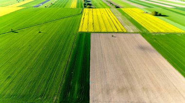 Ortasında birkaç siyah kare olan bir ekin tarlası. Alan yeşil ve sarı. Gökyüzü manzarası.