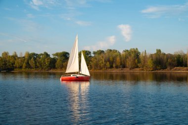 Küçük kırmızı bir tekne bir gölde yelken açıyor. Tekne beyaz ve yelkeni var. Su sakin ve gökyüzü mavi.