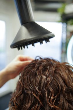 Profesyonel eller, CGM kıvırcık saçlarını yayıcı eklentiyle şekillendiriyor. Islak bukleler şekli ve dokusunu korumak için dikkatlice kurutulur. Sağlıklı güzellik alışkanlıklarını ve doğal saç bakım uygulamalarını göstermek için birebirdir.