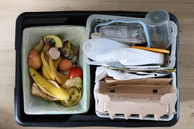 Açık bir geri dönüşüm kutusunun tepeden tırnağa görüntüsü. Çöp kutusu bölümlere ayrılır, her biri farklı geri dönüşümlü materyaller içerir..