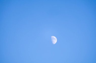 İlk çeyrekte ay aşaması. Mavi gökyüzündeki ay gün ışığında. Birleşik Krallık. İskoçya. 