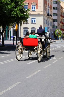 Malaga İspanya 6 Nisan 2025 Kiralık at arabası fotoğrafı. Güneşli bir günde gezmek. Malaga Yüksek Kaliteli Fotoğrafta Turist Çekimi