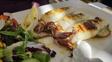 Yanında limon ve yeşil salata yapraklarıyla beyaz tabakta ızgara kalamar. İspanya Malaga Yüksek Kaliteli Fotoğraf