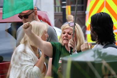 Protestocular, bir gösteri sırasında tek bir kişinin yumruk kaldırdığı bir anda yakalandı. Yeşil bayrak kısmen görülüyor, arka planda sarı işaretli kırmızı bir araç var ve protestonun dinamik atmosferine ekleniyor