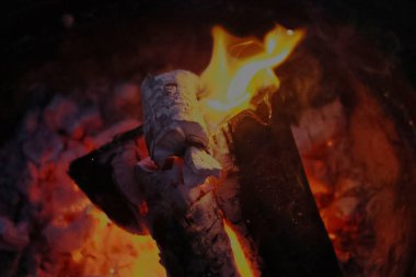 Bir kamp ateşinin samimi ve sıcak parıltısını yansıtan yakın çekim, düşük ışık fotoğrafı. Görüntü yanan odun yığınına odaklanıyor, parlak, dans eden sarı ve turuncu alevler dokulu kabuğu yalıyor.. 