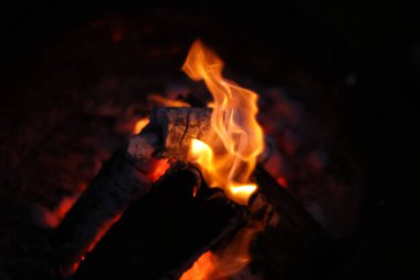 Bir kamp ateşinin samimi ve sıcak parıltısını yansıtan yakın çekim, düşük ışık fotoğrafı. Görüntü yanan odun yığınına odaklanıyor, parlak, dans eden sarı ve turuncu alevler dokulu kabuğu yalıyor.. 