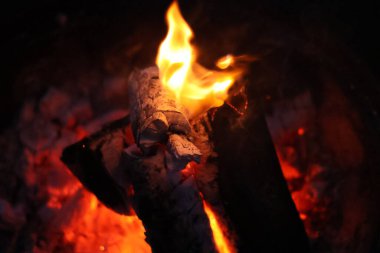 Bir kamp ateşinin samimi ve sıcak parıltısını yansıtan yakın çekim, düşük ışık fotoğrafı. Görüntü yanan odun yığınına odaklanıyor, parlak, dans eden sarı ve turuncu alevler dokulu kabuğu yalıyor.. 