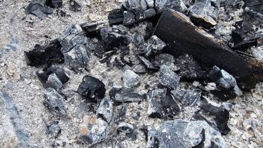 Gri küllerin ve siyah kömürün detaylı dokusu, barbekü veya yangından sonra yanmış ahşap kalıntıları. Soyut desenli doğal bir arka plan. Ekoloji, yıkım, felaket, yanma veya yeniden doğuş kavramı Gri küller ve siyah kömür parçalarını yakın plan