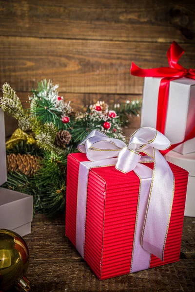 Natal Fundo Cartão Saudação Muitas Caixas Presente Vermelho Branco Com — Fotografia de Stock