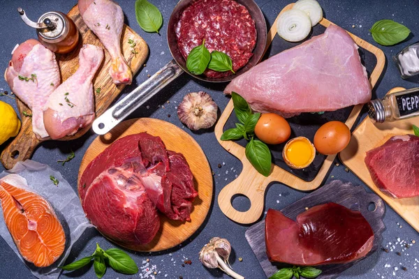 Carnivoor Dieet Achtergrond Diverse Niet Veganistische Eiwitbronnen Traditioneel Carnivoor Voedsel — Stockfoto