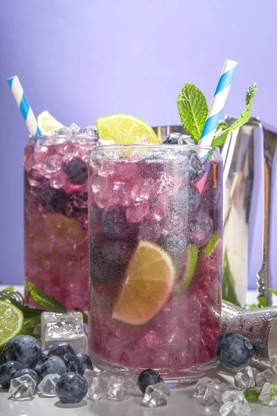 Blueberry citrus summer cooling drink, iced berry mojito lemonade cocktail with blueberries, mint and lime