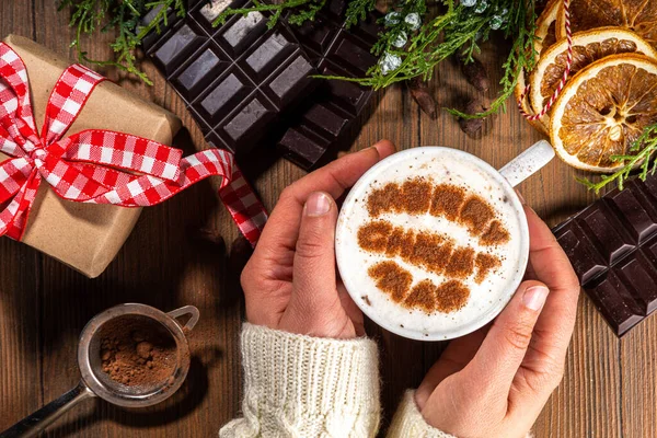 Cappuccino Ζεστό Καφέ Latte Σοκολάτα Καλά Χριστούγεννα Σχέδιο Ζεστό Ξύλινο — Φωτογραφία Αρχείου