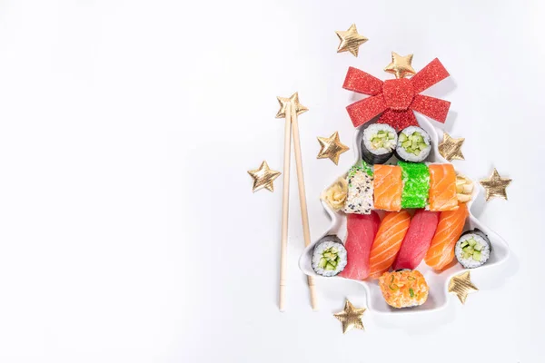 Sushi Boże Narodzenie Nowy Rok Party Zima Wakacje Jedzenie Dostawy — Zdjęcie stockowe