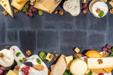 Farklı çeşit peynir seti. Çeşitli peynirli peynir tabağı, üzümlü, fındıklı, peynirli bıçak ve baharatlı, siyah kartonlu arka plan fotokopi alanı