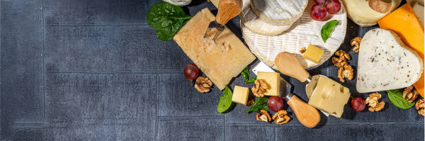 Различные сорта сыра. Сырное блюдо с различными сырами, с виноградом, орехами, сырным ножом и специями, черная плитка фоновое пространство копирования