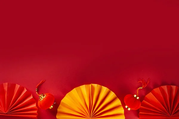 Año Nuevo Chino Fondo Aplanado Rojo Amarillo Dorado Con Decoración —  Fotos de Stock