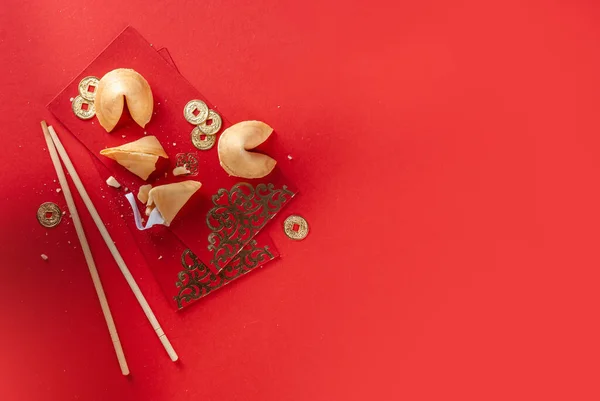 Kinesiska Nyår Bakgrund Röd Och Gyllene Gul Flatlay Med Traditionell — Stockfoto