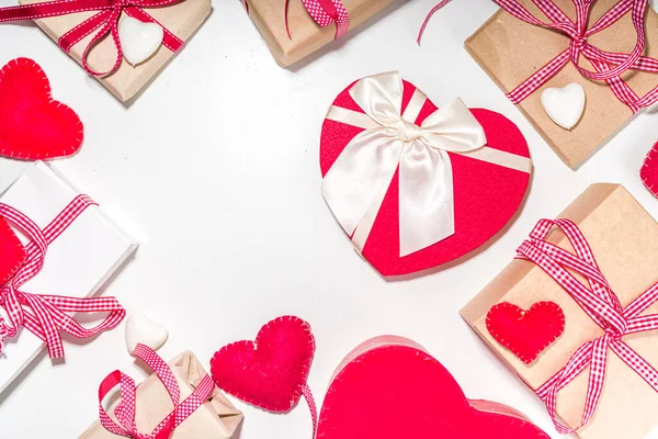 Valentinstag Grußkarte Hintergrund Set Aus Verschiedenen Valentinstag Geschenkboxen Handwerk Herz — Stockfoto